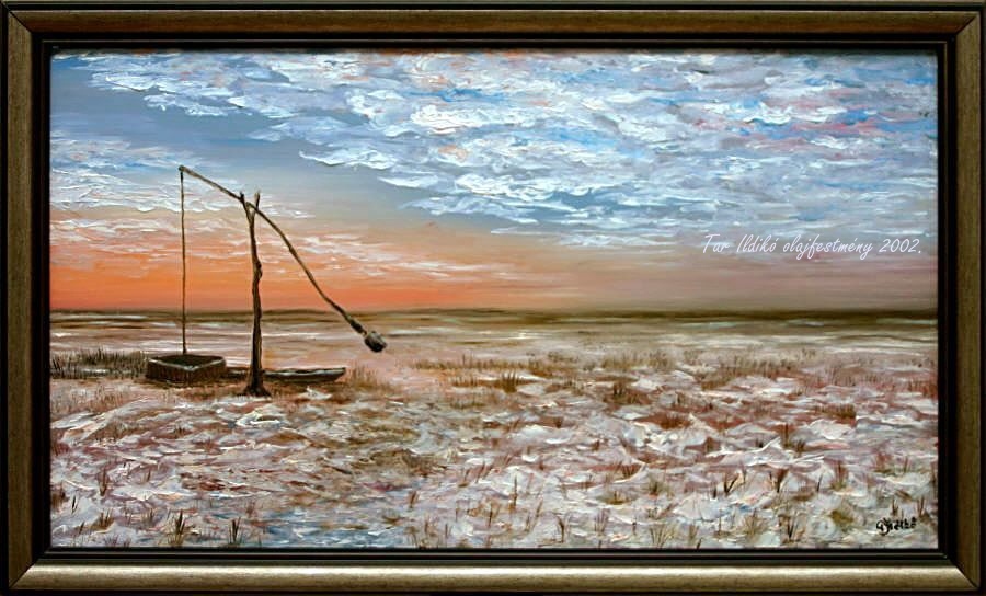 Tar Ildikó olajfestmény 2002 Téli puszta, 40x70 cm